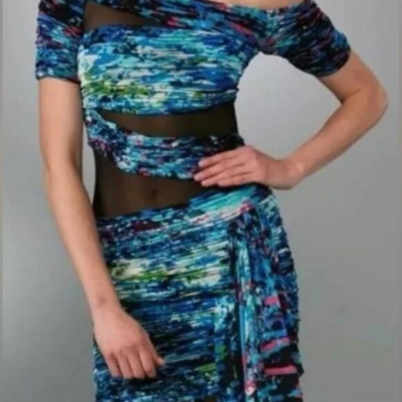 BCBG MAXAZRIA Runway Dress. Mesh Cutouts. Blue Abstract Bodycon. Size S. - Picture 2 of 16